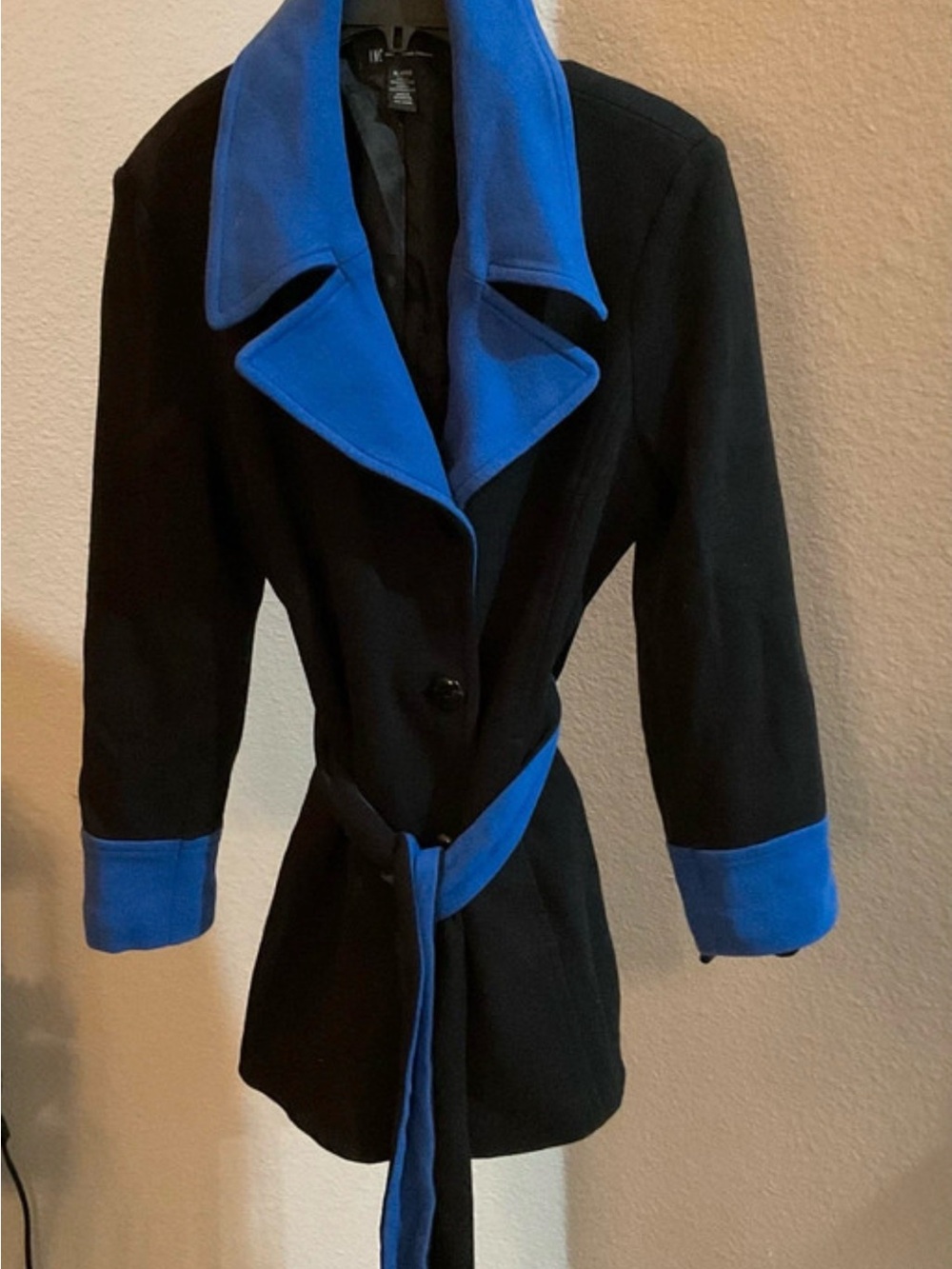 INC International Concepts Black Trench Coat with Blue Trim
